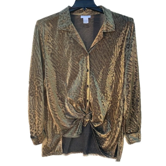 Avenue Tops - Gold Metallic Holiday Shirt Avenue Vintage Animal Print y2k disco 70s New Years